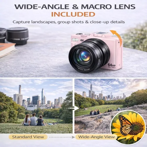 Miniatura 6 de Cámara digital 4K 64MP Vlogger Essentials Kit con trípode flexible, funda de transporte, lente gran angular, pantalla abatible de 180°, WiFi, zoom
