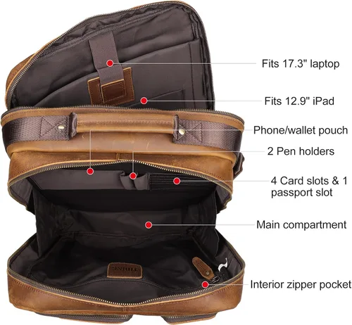 Miniatura 7 de TIDING Mochila para portátil de cuero de grano completo de 17.3 pulgadas para hombres, multibolsillos, casual, mochila de viaje de negocios, Marrón