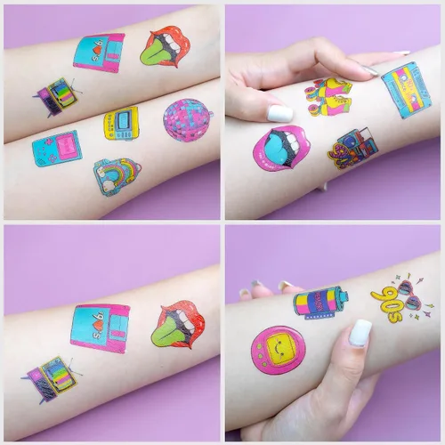 Miniatura 7 de Tatuajes temporales retro de Regreso a los años 90 y 80 para niños, diseños coloridos, 96 piezas, perfectos para fiestas temáticas de cumpleaños