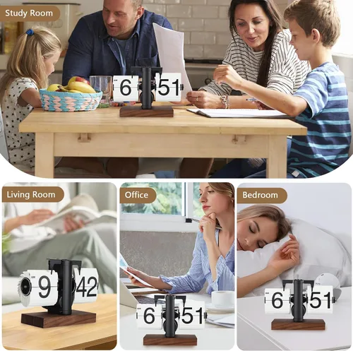 Miniatura 4 de FOSA Reloj de escritorio abatible, reloj mecánico retro vintage con números grandes, reloj de mesa silencioso con base de madera para el hogar