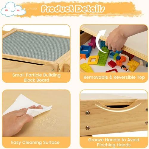 Miniatura 7 de HONEY JOY Mesa para niños, mesa de actividades de madera 2 en 1 con rollo de papel, mesa de bloques de construcción convertible, 3 compartimentos