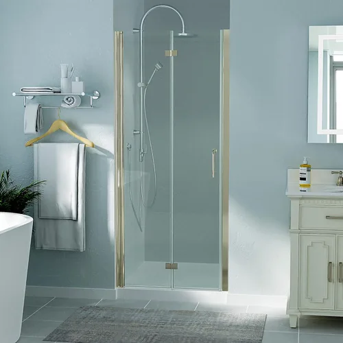 ExBrite Puerta de ducha de vidrio plegable sin marco de 32-33.5 pulgadas de ancho x 72 pulgadas de alto, panel de ducha plegable de vidrio cepillado