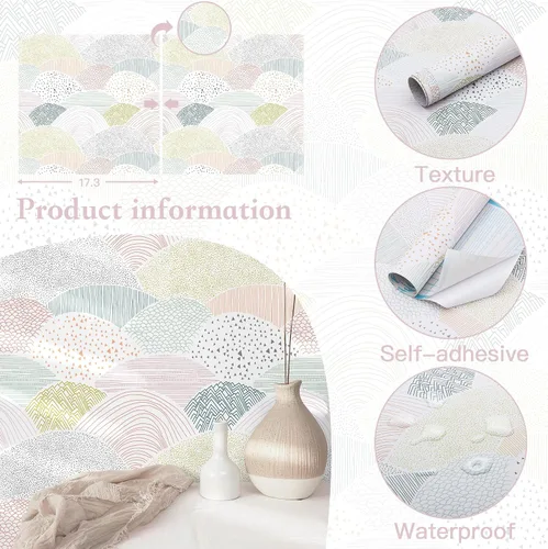 Miniatura 3 de Papel tapiz autoadhesivo para despegar y pegar, papel de contacto de puntos/líneas, lindo papel tapiz colorido de 15.5 x 78.7 pulgadas, extraíble