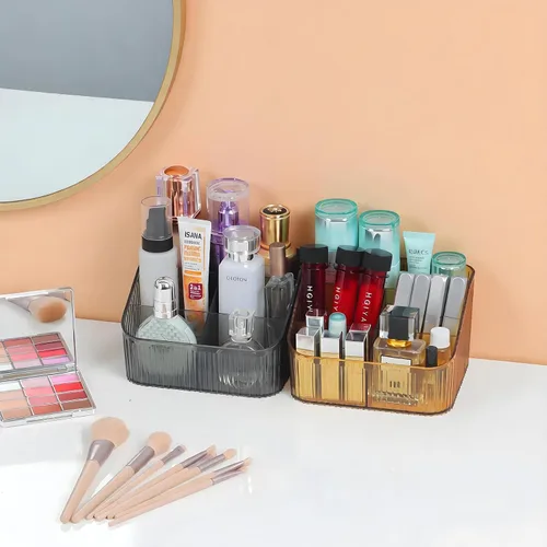 Miniatura 4 de Organizador de brochas de maquillaje ámbar para tocador, organizador de encimera de baño, 5 tazas, almacenamiento y exhibición de artículos