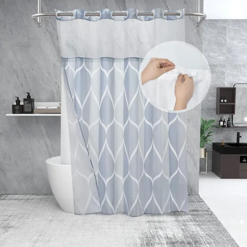 Miniatura 48 de Yiatn Juego de cortina de ducha azul egeo sin gancho con forro de tela a presión, estilo hotel con ventana superior de malla transparente, diseño