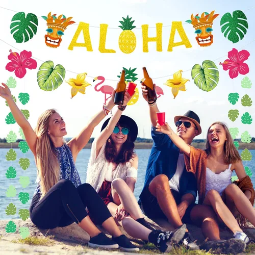 Miniatura 2 de Decoraciones de fiesta hawaiana Aloha – Cartel dorado brillante Aloha para suministros de fiesta temática de Luau tropical de Hawaii
