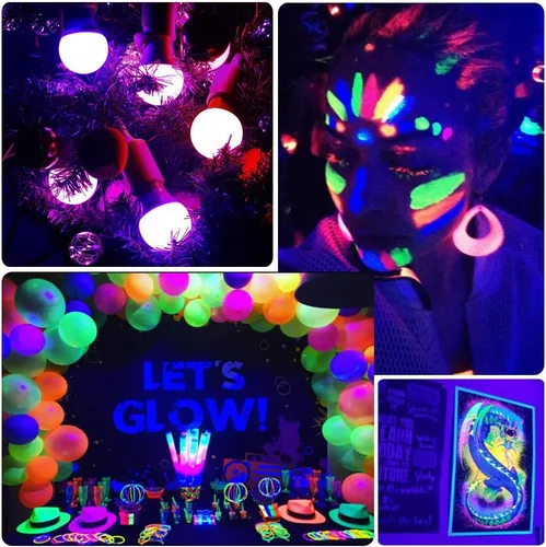 Miniatura 6 de Bombillas LED negras UV, bombilla LED negra E26 de 9 W, luces negras para fiesta brillante, dormitorio, póster fluorescente de luz negra, pintura