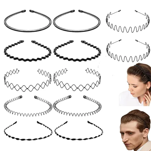 BOYIVI 12 diademas de metal para hombres y mujeres, unisex, ajustables, negras, onduladas, antideslizantes, para primavera y verano, para el hogar,