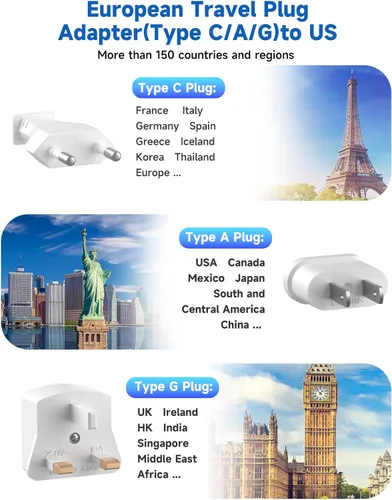 Miniatura 7 de Adaptador de enchufe de viaje europeo, adaptador de enchufe estadounidense a europeo con 3 tomas de corriente americanas y 4 USB, cable