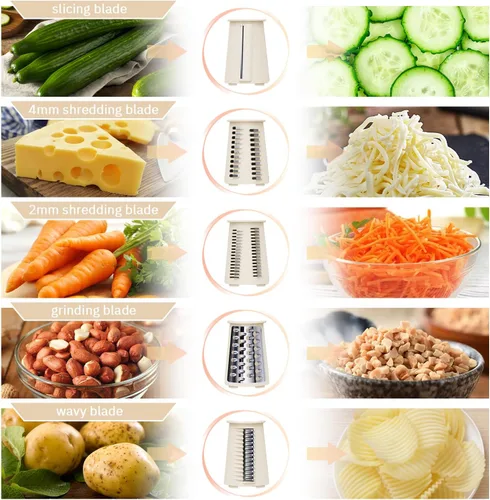 Miniatura 5 de ENERGEVITY Rallador de queso giratorio manual con asa, triturador de queso de cuchillas inoxidables reemplazables 5 en 1, base de succión fuerte