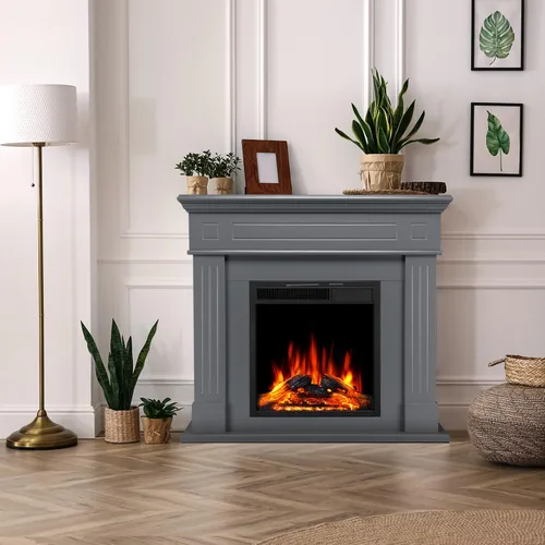 R.W.FLAME - Chimenea eléctrica de 43" con repisa, caja de fuego envolvente de madera, soporte de TV con chimenea eléctrica de pie, control remoto,