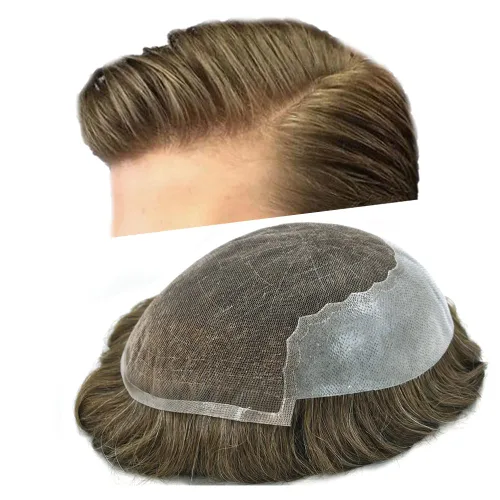 Miniatura 46 de Toupee - Sistemas de reemplazo de cabello para hombre, encaje frontal suizo, nudo blanqueado, pieza de cabello humano natural 1# negro azabache, 8 x