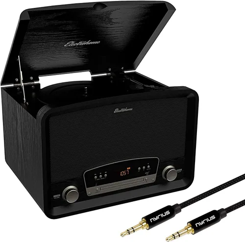 Electrohome Kingston - Reproductor de discos de vinilo vintage 7 en 1 con tocadiscos de 3 velocidades, Bluetooth, radio AM/FM, CD, entrada auxiliar,