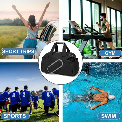 Miniatura 7 de Bolsa de gimnasio pequeña de 14 pulgadas para mujeres y hombres, mini bolsa de lona para viajes, deportes, bolsa de transporte ligera, color negro
