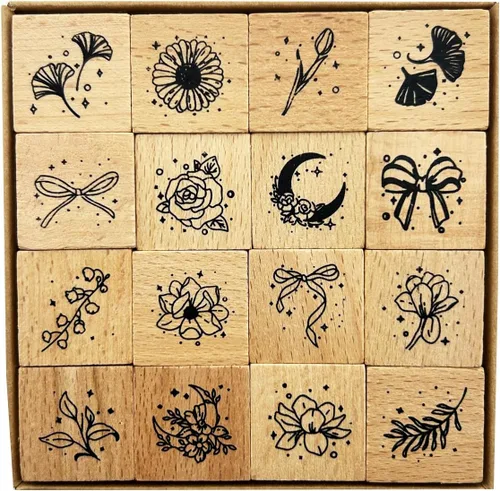 16 sellos de goma montados en madera, juego de sellos de goma de madera para arte y manualidades, fabricación de tarjetas, álbumes de recortes
