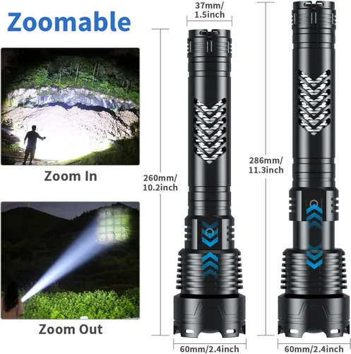 Miniatura 5 de Linterna LED súper brillante Weoxi, 1000000 lúmenes recargables con mango largo, batería de 10000mAh, 5 modos con zoom para camping al aire libre