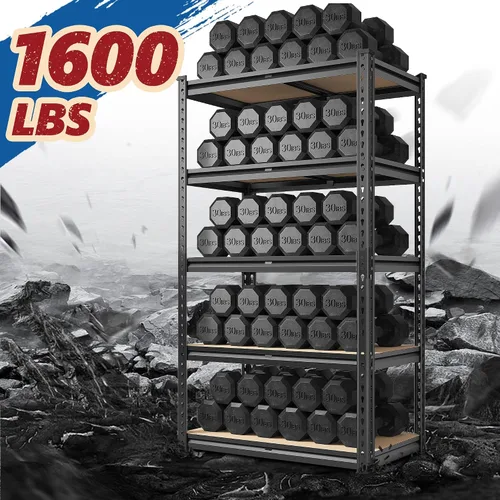 Miniatura 5 de REIBII Estantes de almacenamiento de 1600 libras, estantería de metal resistente, estantes de garaje de 5 niveles, estante de metal ajustable