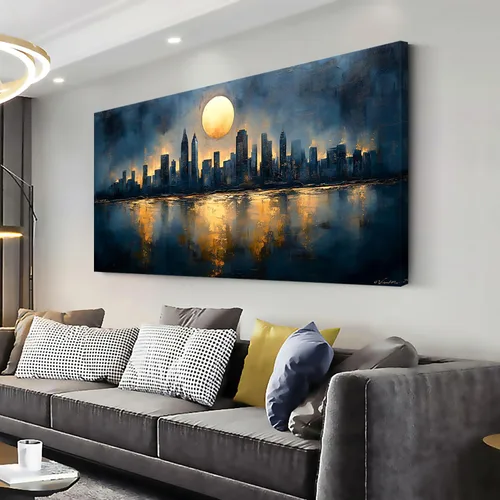 GAFSING Lienzo decorativo para pared, diseño de luna dorada, paisaje urbano, impresiones en lienzo abstracto, pintura artística, imagen, decoración