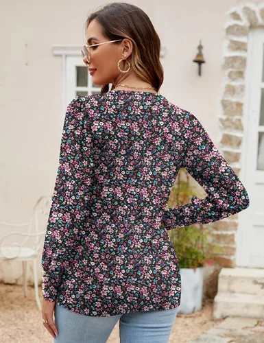 Miniatura 5 de ZHENWEI Blusa tipo túnica con cuello cuadrado para mujer, manga larga, plisada, holgada, con puños con botones, blusa casual de moda