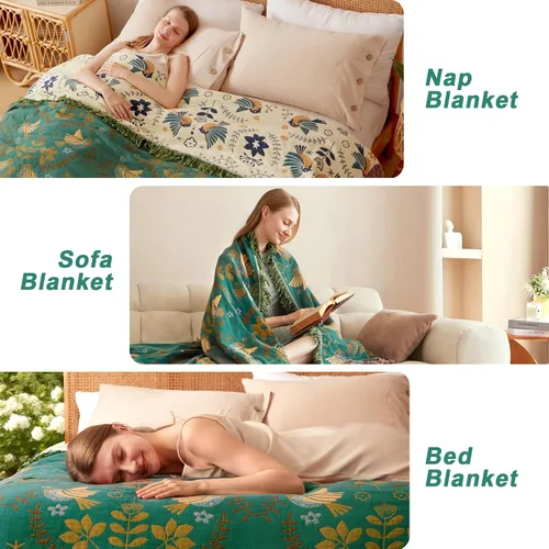 Miniatura 6 de Manta de arrullo boho 60 x 80 pulgadas, manta suave y acogedora 100% algodón para cama, mantas de otoño con decoración floral de pájaros y granja