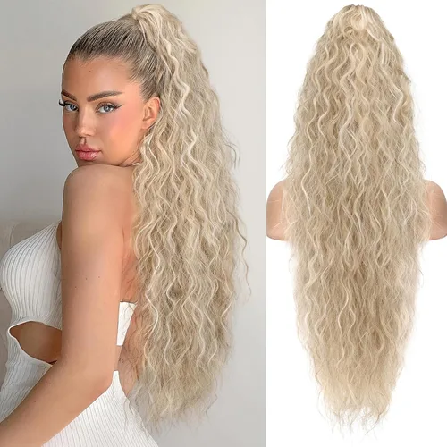 Miniatura 32 de ORSUNCER Extensión de cola de caballo de 18" con pinza rizada, cola de caballo esponjosa, extensiones de pelo sintético de aspecto natural para mujer