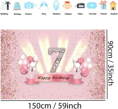 Miniatura 2 de Decoraciones de feliz cumpleaños 7 para niñas, pancarta de fondo, decoración de fiesta, póster de tela de aniversario, fondo de foto rosa
