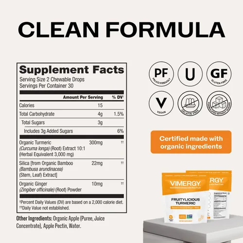 Miniatura 6 de Vimergy NutriDense Fruitylicious - Cúrcuma masticable + jengibre (300 mg de extracto de cúrcuma, 22 mg de sílice, 10 mg de jengibre por porción)