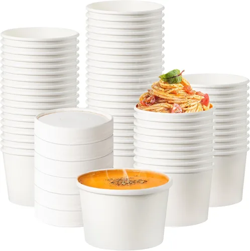 Fit Meal Prep Paquete de 50 recipientes de sopa de papel blanco de 12 onzas con tapas, recipientes de alimentos desechables calientes o fríos para