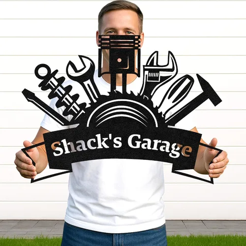 Miniatura 12 de Letrero de metal personalizado para garaje, arte de pared personalizado para hombres, decoración de taller mecánico con nombre, decoración