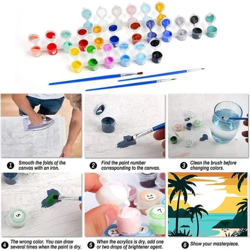 Miniatura 6 de AOSGEDY Paquete de 4 pinturas por números para adultos y niños principiantes, pintura acrílica DIY de paisaje-playa, kit de pintura por números