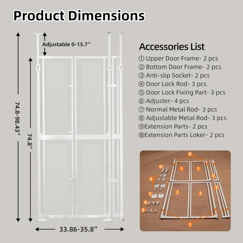 Miniatura 6 de NiceTCU Puerta para gatos extra alta de 74.80-98.43 pulgadas, ajustable de 33.86-37.40 pulgadas de ancho, puerta completa transparente