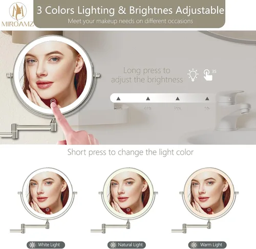 Miniatura 3 de Espejo de maquillaje recargable montado en la pared iluminado para el tocador de 20 centímetros de doble cara con aumento 1X 10, espejo de baño