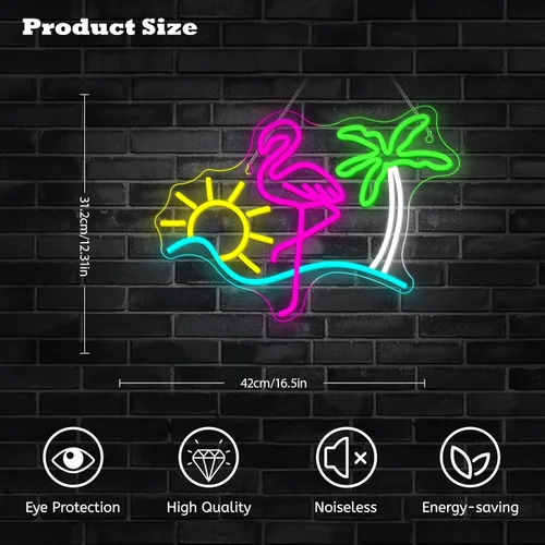 Miniatura 2 de Letreros de neón de flamenco, sol y palmera para decoración de pared, divertido letrero de luz de neón LED regulable, alimentado por USB, para bar