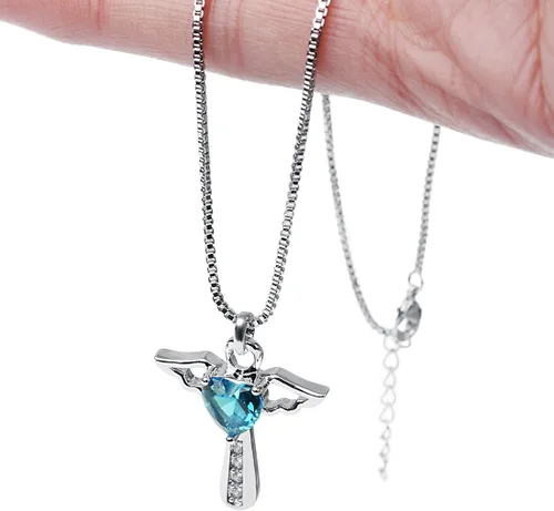 Miniatura 6 de Ckysee Angel Birthstone Necklaces Heart Cross Necklace for Girls Kids Women Cubic Zirconia Angel Wing Birthstone Heart Charm Pendant Necklace Gifts