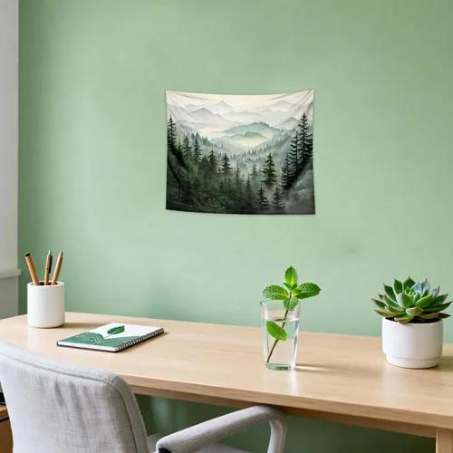 Miniatura 2 de QGHOT Tapiz de bosque brumoso, tapiz de montaña natural para colgar en la pared, paisaje de acuarela verde salvia, arte de pared para dormitorio