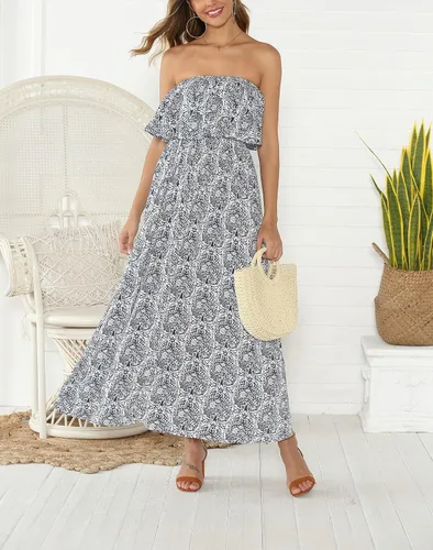 Miniatura 2 de ZMPSIISA Vestido largo de verano para mujer, con hombros descubiertos, con volantes, sin tirantes, de porcelana, color azul y blanco, bohemio