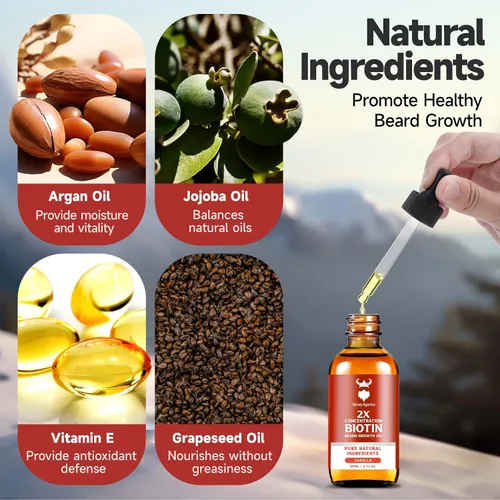 Miniatura 5 de Aceite para el crecimiento de la barba, biotina de concentración 2X para hombres (2 onzas), natural con argán, jojoba y vitaminas, suavizante