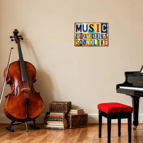 Miniatura 2 de WADORN Letrero de metal vintage inspirador con música, 8 x 12 pulgadas, con texto en inglés "Music Is What Feelings Sound Like Retro", divertido