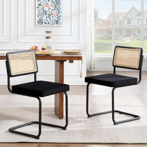 Zesthouse Juego de 2 sillas de comedor de ratán natural, modernas sillas de comedor con respaldo de madera maciza para cocina, sala de estar, diseño