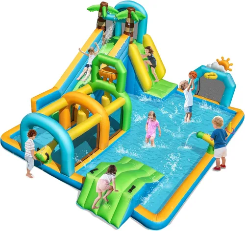 BOUNTECH Parque inflable de tobogán acuático, castillo hinchable de tobogán acuático 9 en 1 con piscina grande, carrera de obstáculos, tobogán,