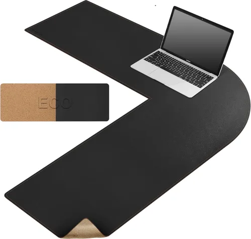 MAIDERN Tapete de escritorio esquinero en forma de L (40 + 40 pulgadas) x 13 pulgadas, corcho y cuero, tapete de escritorio de doble cara para Negro
