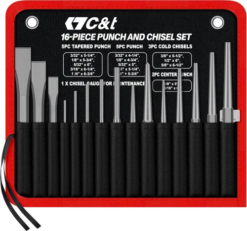 C&T Juego de 16 piezas de perforadoras y cinceles con bolsa de almacenamiento, incluye punzones cónicos, cinceles fríos, punzones de perno, punzones