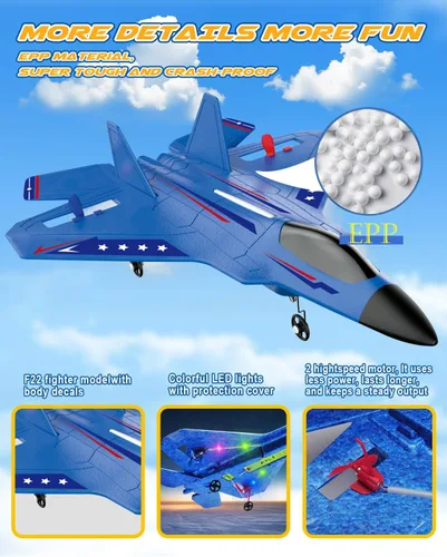 Miniatura 4 de Avión RC ANTSIR F22, Avión RC con Estabilizador de Giro/Luz LED/2 Baterías Recargables, Avión a Control Remoto 2.4GHz, Fácil de Volar, Avión RC