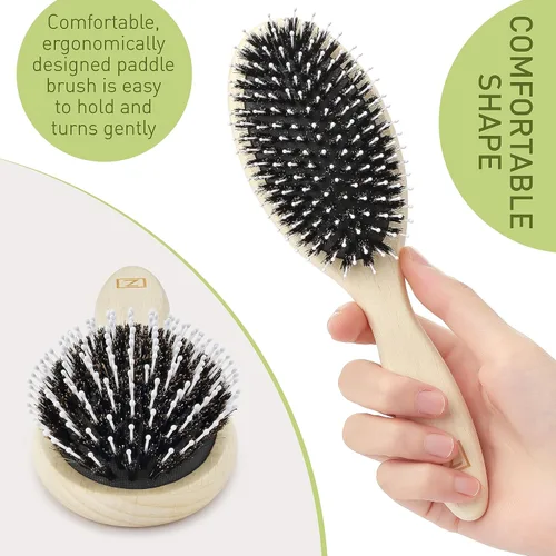 Miniatura 5 de Cepillo de cerdas de jabalí natural para mujeres, hombres y niños; cepillo desenredante seco y húmedo mejora suavemente el brillo, suaviza