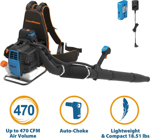 Miniatura 6 de LawnMaster NPTBL31AB - Soplador de hojas de mochila sin tirones, alimentado a gas con arranque eléctrico, motor de 2 ciclos de 31 cc, 470 CFM, 175