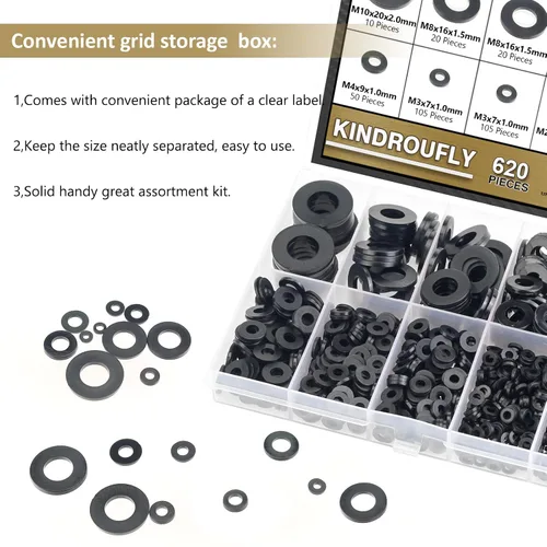 Miniatura 7 de 620 arandelas planas de nailon, 8 tamaños, arandelas de plástico de nailon negro, kit surtido de arandelas (M2 M2.5 M3 M4 M5 M6 M8 M10)