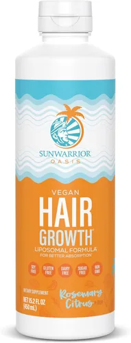 Sunwarrior Aceite de romero líquido para el crecimiento del cabello con biotina y omega 3 curcumina, ácido hialurónico tocoferol, reduce el