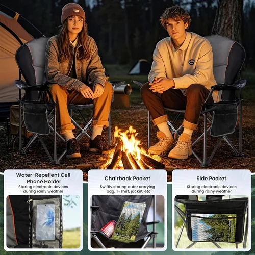 Miniatura 5 de Silla de Camping Sobredimensionada de Alta Resistencia - Silla Plegable Portátil, Portavasos y Estuche para Teléfono Impermeable para Adultos, negro