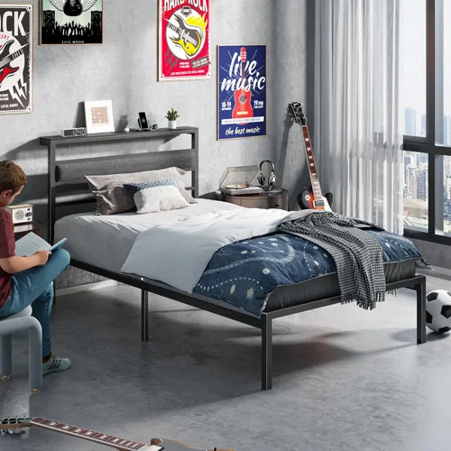 Miniatura 7 de OURPIC Marco de cama individual para niños, marco de cama de plataforma de metal tamaño individual con estación de carga y luces LED, cabecera Negro