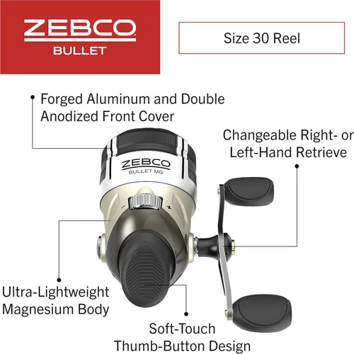 Miniatura 2 de Zebco Bullet MG Spincast Fishing Reel, Size 30 Reel, Ultra-Lightweight Magnesium Body, Changeable Right- or Left-Hand Retrieve, Oversized Non-Slip